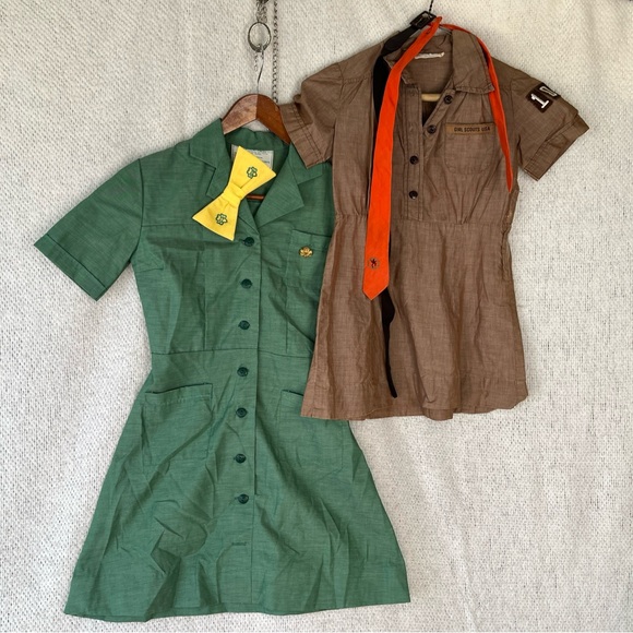 Vintage 1940s 50s Girl Scout Brownie Uniforms Dresses Set Of 2 Green Brown Vtg